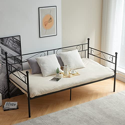 FetiNes Struttura Letto Singolo in Ferro Battuto, Divano Letti in Metallo Divanetto strutture e Basi per Adulti, 90x200cm Nero