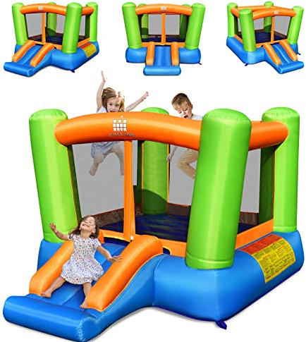 COSTWAY 2 en 1 Château Gonflable en Forme de Colonne avec Toboggan Large, Parc Gonflable Enfants avec Zone de Saut, Trampoline Intérieur Extérieur de 3-10 Ans, 250 x 197 x 143 cm (sans Gonfleur)