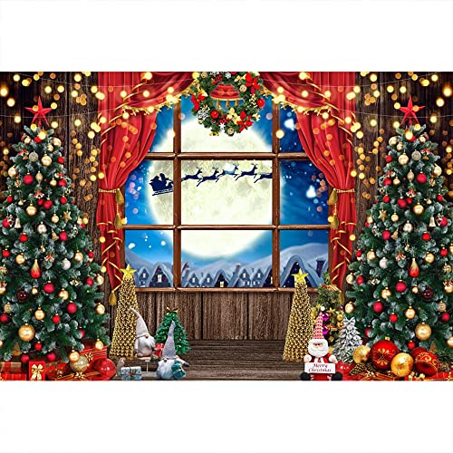 Aoihrraan 2,2x1,5m Rebord De Fenêtre Photographie Toile De Fond Noël - Arbre Rouge, Rideau, Père Noël, Renne, Pleine Lune, Hiver Nuit - Fond Nouveau Année Festival Famille Fête Photo Accessoires