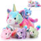 Harrycle 5 Stück Katze Horn Kuscheltier Set 40 cm Mama Einhorn Katze Stofftier mit 4 Baby Kätzchen für Mädchen Jungen Regenbogen Einhorn Kätzchen Plüschtier Set für Geburtstag Geschenk
