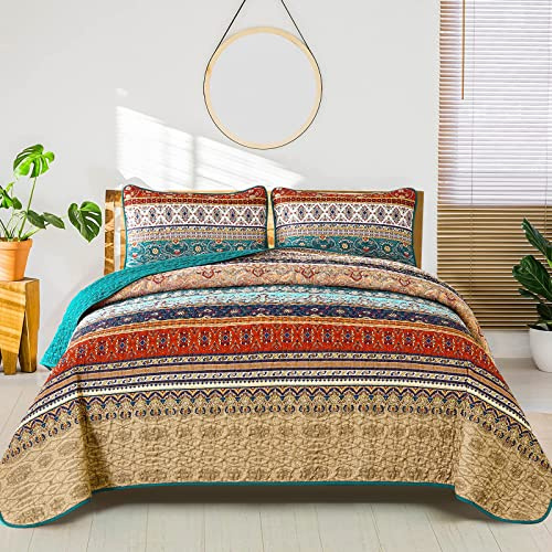 WONGS BEDDING Colcha de cama de 220 x 240 cm, manta bohemia de 3 piezas, edredón acolchado de microfibra con 2 fundas de almohada de 50 x 75 cm para dormitorio como manta de sofá (marrón)