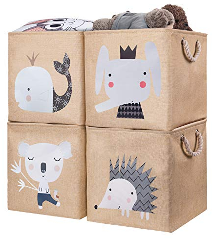 AXHOP Aufbewahrungsbox Kinder 4er Set 33x33x33 cm faltbare Aufbewahrungskorb kinder für Regal. Ideal für Kallax einsatz, Spielzeugkiste, Spielzeug, Bücher, Kinderzimmer. Beige Elefant