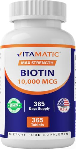 Vitamatic Biotin 10,000 mcg (10 mg) for Stronger Hair, Skin & Nails - 365 Vegan Tablets- Also Called Vitamin B7