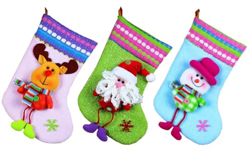 Calze di Natale da Appendere, 3 Pcs Calza Natalizia Set con Babbo Natale, Pupazzo di Neve, Renna, Sacchetto Regalo Calza di Natale, Camino di Natale Appeso Calze per Albero di Natale Festa di Natale