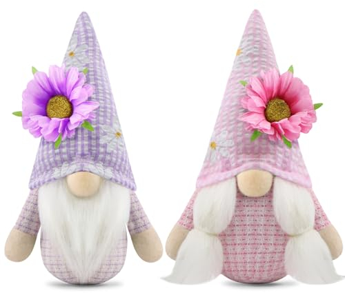 Gehydy Decorazioni Primavera Gnomi Set di 2 Pasqua Gnomo Floreale Peluche Home Decor per Casa Cucine 18cm (Viola E Rosa)