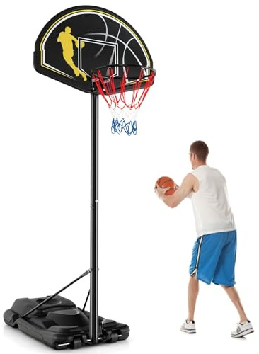 COSTWAY Panier de Basket-Ball sur Pieds Hauteur Réglable 130-305cm, Support de Basket Portable avec Roues et Base Rechargeable Résistant aux Intempéries, pour Intérieure & Extérieure