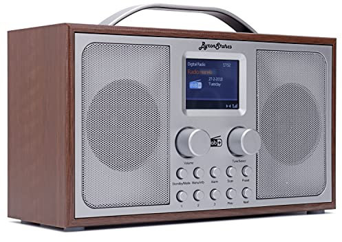 BYRONSTATICS DAB Radio with Bluetooth, Mains and Battery Powered Portable DAB+/FM Radios, Preset Stations, Dual Alarm Clock, Color Display, Earphone Jack, Brown-Grey