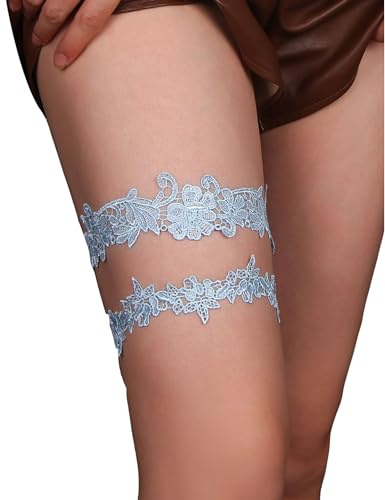 ohyeahlady Wedding Garters for Brides 2Pcs Floral Lace Bridal Garter Set Elastic Thigh Leg Ring for Bride to Be Cosplay Prom Dance Party Accessory One Size Blue