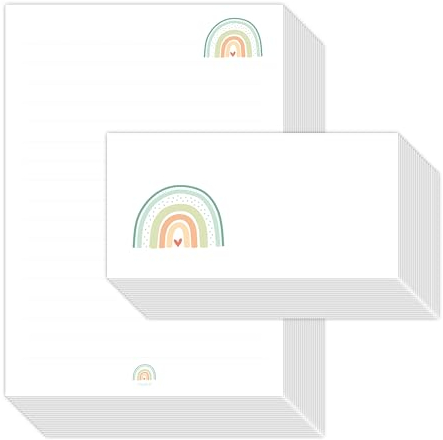 Briefpapier-Set für Kinder REGENBOGEN 20 Blatt DIN A4 mit Linien inklusive 20 bedruckten Umschläge/Briefpapier für Kinder zur Einschulung/Schulstart (20 Blatt und 20 Umschläge)