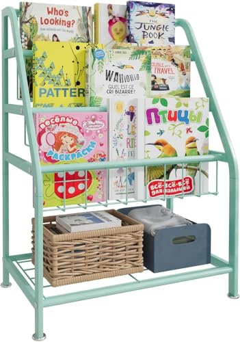 Huhote Children Kids Bookshelf, Small Bookcase, Kids Book Rack, Book and Toy Storage Organizer Display Stands Shelf for Small Place Living Room Study Children's Room (Green)