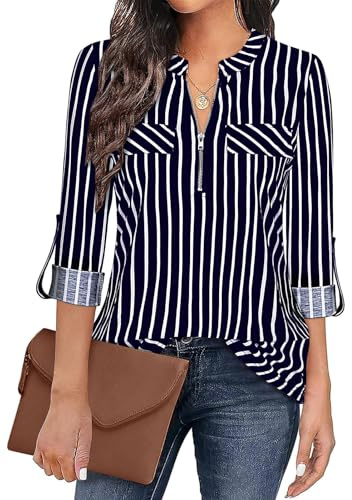 Gemulate 3/4 Sleeve Tunic for Women - Black & White Printed Checked Shirts - Long Sleeve Tops - Zip Up Tunic Tops - UK - Black White Stripe, L