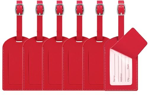Luggage Tags, 6 Pcs Leather Suitcase Labels Travel Luggage Tag with Name ID Card Baggage Labels Tags for Luggage Bags Backpacks Cruise Waterproof Travel Accessories(Red)