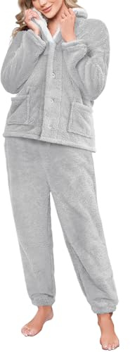 Tuopuda Pijama Mujer Invierno de Forro Polar Conjunto de Pijama Largo Mujer de 2 Piezas Cálida Tops de Manga Larga con Botón y Pantalón Largo con Bolsillos(Gris,XL)