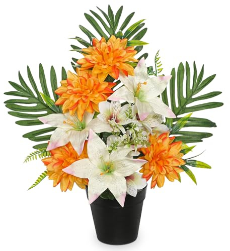 Oairse Artificial Cemetery Flowers in Pot Funeral Flowers Arrangements48cm Silk Orange & White Potted Lily Dahlia Memorial Flower for Grave Cemetery Headstones Outdoor Christmas Decoration
