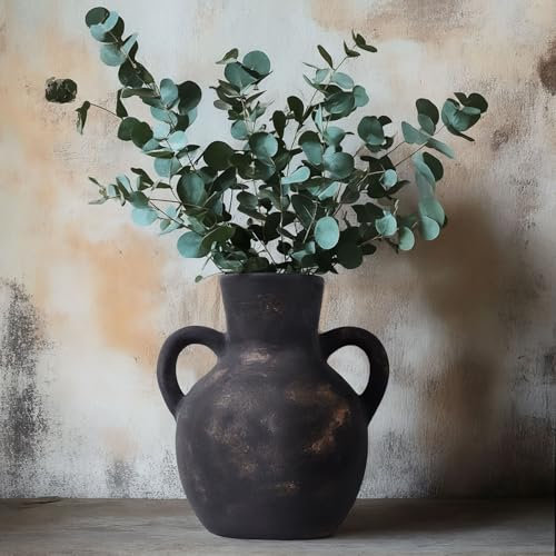 Vaso da fiori rustico in ceramica nera con 2 manici, vaso in terracotta nera, vaso decorativo in ceramica per decorazione domestica, tavolo, matrimonio, soggiorno, mensola (nero)