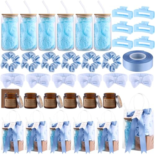 Quuhooki 6 Sets Baby Shower Prizes for Game Winners Wedding Bridal Shower Gifts Glass Cans Headband Hair Tie Candles Hair Clips for Baby Wedding Bridal Shower Game Prizes Favors (Blue)