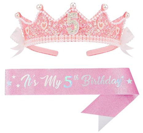 FSSTUD Couronne d'anniversaire à paillettes pour 5e anniversaire avec perles roses pour fille de 5 ans