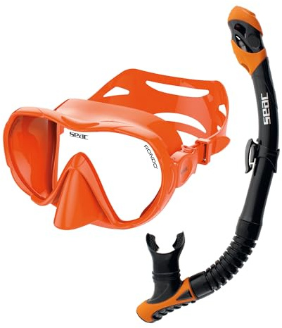 SEAC Set bis Rondò Dry – Set Snorkeling Adulto con Maschera Frameless monolente in Vetro Temperato e Snorkel Dry Top con Valvola di Spurgo, Boccaglio Ergonomico in Silicone, Arancio