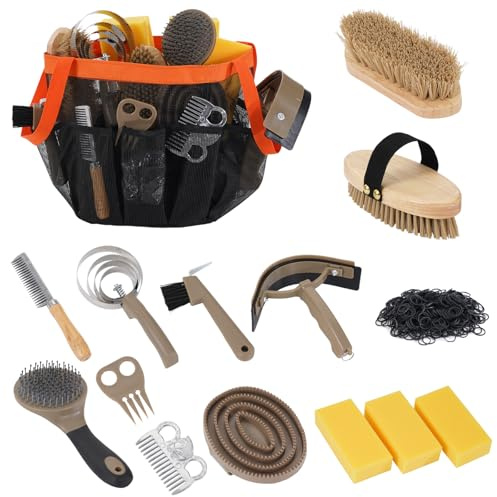Uross Horse Grooming Kit 15 PCS Equine Care Series Horse Brush Sets with Organizer Tote Bag for Effective Grooming and Bathing, Professional Equine Coat Care Supplies for Horse Riders