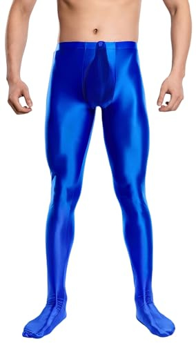 Men's Oil Glossy Opaque Compressopm Footed Leggings Nylon Strecthy Shiny Bulge Pouch Tight Pants Lightweight Stretchy Pantyhose