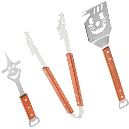Grillbestick-set 3 delar, multifunktionellt grillbestick med trähandtag, grilltillbehör med grilltång, grillspade och köttgaffel, för gasgrill, utomhuskök, grillpresenter för män