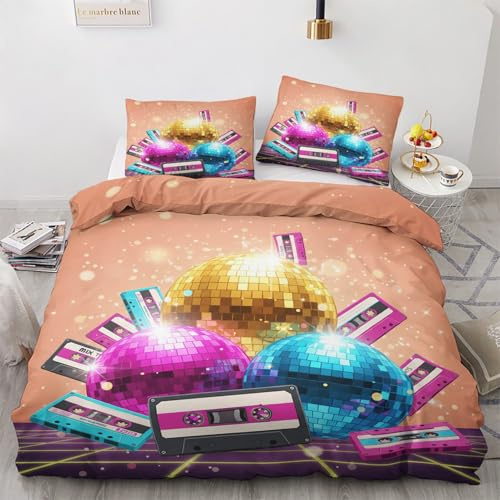 zcsm Retro Disco Duvet Cover Twin Size - 80s Cassette Tape Disco Ball Bedding Set & Bedroom Decor, 2 Piece, Soft Microfiber Reversible Comforter Cover & 1 Pillow Sham, with Zipper Closure and Ties