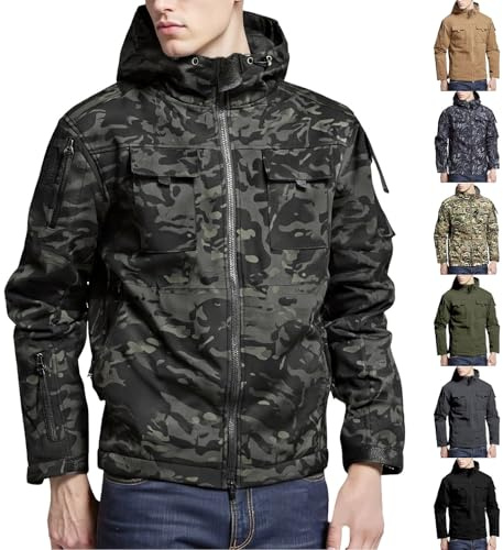 Kamouflagejacka herr vandringsjacka vattentät kamouflage tryckta promenadjackor softshell huvjackor funktionella campingrockar flera fickor hel dragkedja ytterkläder utomhus promenadjackor, Kamouflage