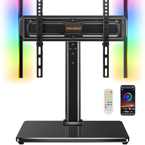 PERLEGEAR Universal TV Stand with LED Lights, Table Top TV stand for 24-60 inch TVs up to 45kg, Swivel and Height Adjustable VESA TV Stand with Tempered Glass Base, Max VESA 400x400mm
