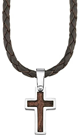 s.Oliver Kette mit Kreuzanhänger für Jungen, Anhänger: Holz/Edelstahl, Kette: Echtes Leder, Silber/Braun