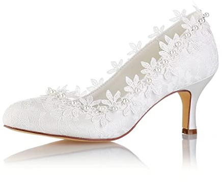 Emily Bridal Vintage Wedding Shoes Ivory Round Toe Pearls Flowers Kitten Heel Bridal Shoes (EU40/UK7, Ivory)