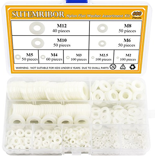 Sutemribor Nylon Flat Washer Assortment Set 600 Pieces, 9 Sizes - M2 M2.5 M3 M4 M5 M6 M8 M10 M12