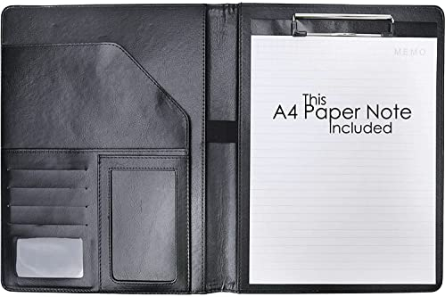 JAKAGO A4 Clipboard Folder Portfolio Paper Pad Faux Leather Document Organizer Padfolio Case with Business Card Holders Pen Holder Files Sleeve for Conference Interview-Black