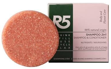 R5 - Nährendes festes Shampoo 2 in 1-98% natürliche Inhaltsstoffe mit Kirsch- und Sonnenblumenöl. Ein 70g-Shampooriegel entspricht 4 Flaschen eines herkömmlichen Shampoos zu 250ml.