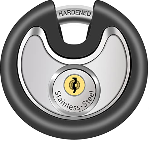 Scheiben-Vorhängeschloss mit Schlüssel – robustes Edelstahl-Schließfachschloss mit schwarzer Gummi-Ummantelung