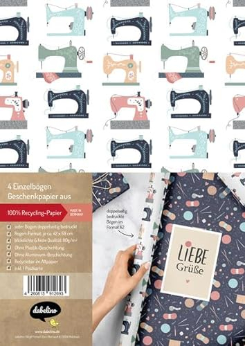 Geschenkpapier-Set: Nähmaschinen, Stoff, Wolle, Stricken - 4x Einzelbögen + 1x Postkarte