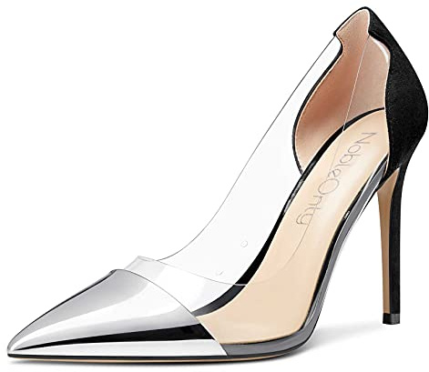 NobleOnly Scarpe col Tacco Donna Trasparente Tacco a Spillo 10CM High Heels Argento Nero Scamosciato Scarpe EU 40