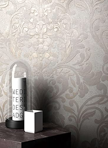 NEWROOM Papier peint Beige Brillant Intissé - Baroque Taupe Ornement Somptuosité Glamour
