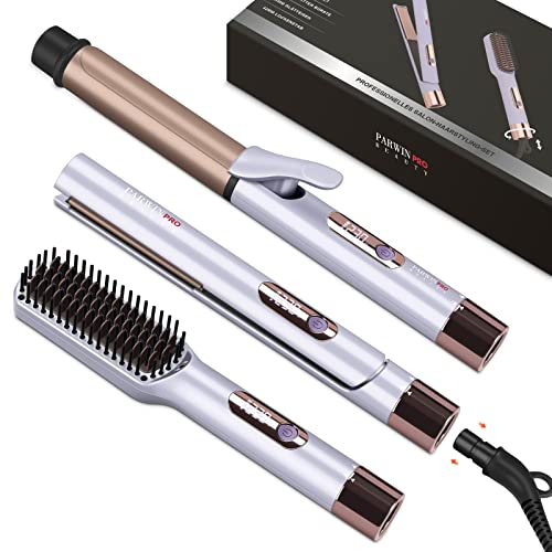 PARWIN PRO BEAUTY Set de estilismo 3 en 1, incluye plancha de 25 mm, rizador de 32 mm y cepillo alisador, con cable de alimentación desmontable, control de temperatura por LED, Púrpura