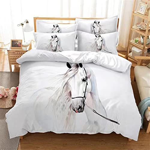 MIQEBX Set copripiumino Motivo Cavallo 3D, 135x200cm Set di biancheria da letto per bambini 3 pezzi, Set copripiumino in microfibra con cerniera e 2 federa 50x75cm, per Ragazzi e Ragazze