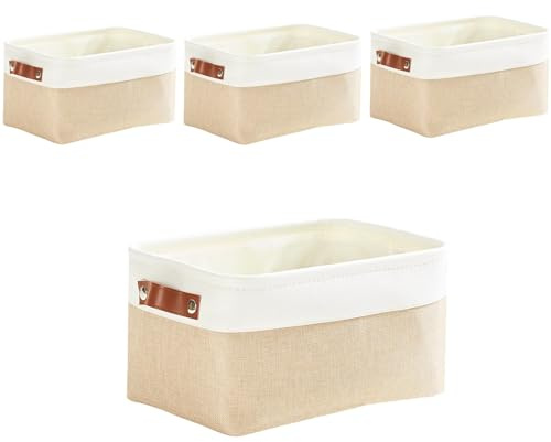 Mangata Fabric Storage Boxes, Thickened Canvas Storage Baskets with Handle for Shelves, Clothes Toys(S, Khaki/White, without Drawstring,4 Pcs)