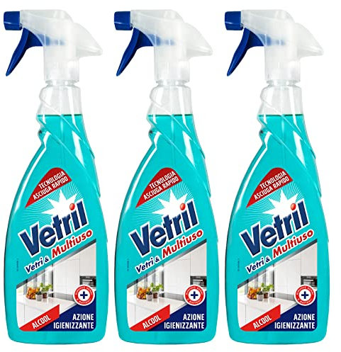 Vetril - Vetri e Multiuso, Igenizzante Spray Superfici con Alcool, Asciugatura rapida, Brillantezza Senza Aloni, 650 ml x 3 Pezzi