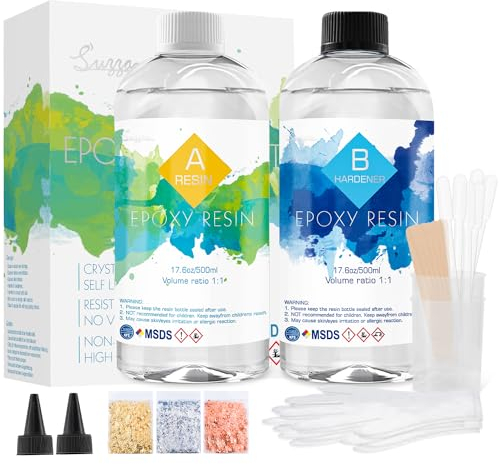 Epoxidharz Set 1L/35.2oz Epoxidharz mit Härter 1: 1 Verhältnis Glasklar Gießharz mit Goldfolie, Handschuh, Messbecher, Holzstäbchen, Pipetten, Tropfdüse Harz Gießen Set für Holz, Schmuckherstellung