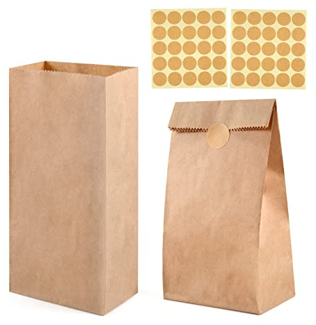 ihaspoko 50 piezas Bolsas de Papel, 27×15×9cm Bolsas de Papel Marrón para Regalos, Bolsas de Papel Kraft con Pegatinas para Bodas, Cumpleaños, Fiestas y Regalos