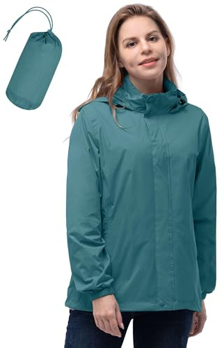 33,000ft Women's Lightweight Rain Jackets Hooded Breathable Packable Running Raincoats Active Trench Windbreaker with Hideaway Hood for Cycling Hiking (Greyish Blue-L/UK 14)
