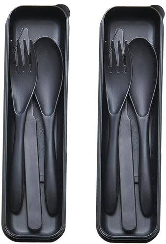 Reusable Travel Utensils Set with Case, 2 Sets Portable Plastic Knife Fork Spoon Cutlery Set for Office, School, Travel, Camping, Picnic (Black)