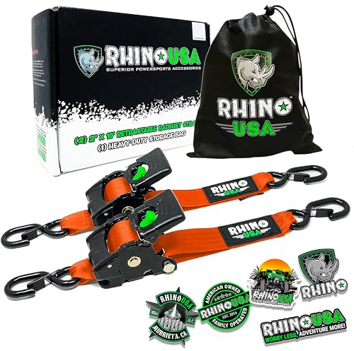 Rhino USA Cinghie di tensione retrattili con cricchetto da (confezione da 2) -1360 kg di carico di rottura, incluse (2) automatiche ultimate da 5.0 cm x 3 m con maniglie imbottite - Arancione