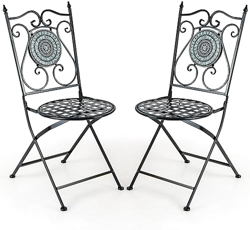 COSTWAY Gartenstühle 2er Set, Mosaik Klappstühle, klappbare Balkonstühle mit Metallgestell, Mosaikstühle, Bistrostühle, Terrassenstühle für Garten, Balkon, Terrasse