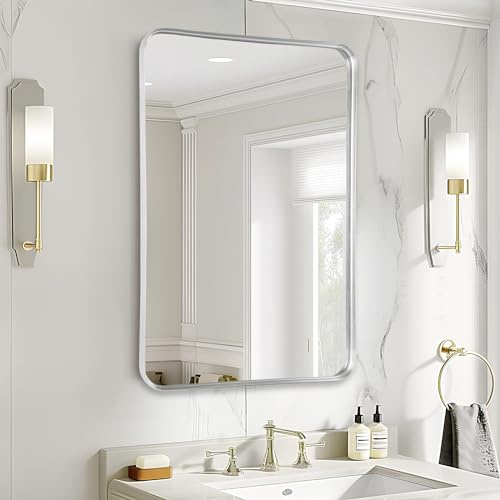 Fabuday Bathroom Wall Mirror Rectangle - 36x24 Inch Large Over Sink Framed Mirror Silver, Rectangular Brushed Mirrors Hanging for Bedroom, Restroom, Living Room, Entryway Decor