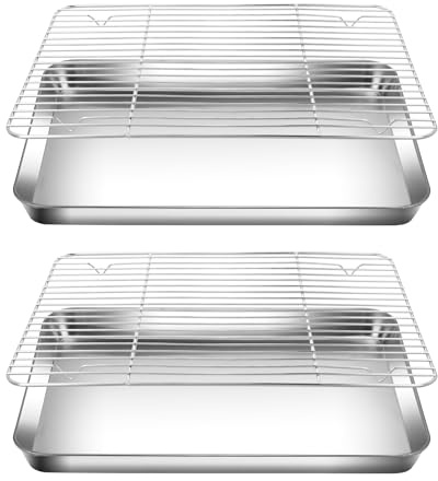 HEIYUET Juego de 4 bandejas de horno con rejilla de enfriamiento de 40 x 30 cm, de acero inoxidable con rejilla de refrigeración para hornear, servir y apto para lavavajillas