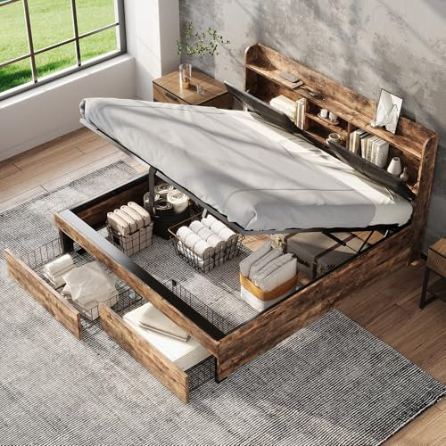 Merax Stauraumbett 140 x 200 cm, Doppelbett mit Stauraum-Kopfteil und Metall Lattenrost, Industrielles Bett mit Schubladen für Erwachsene, Holzfarbe+Schwarz (Ohne Matratze)